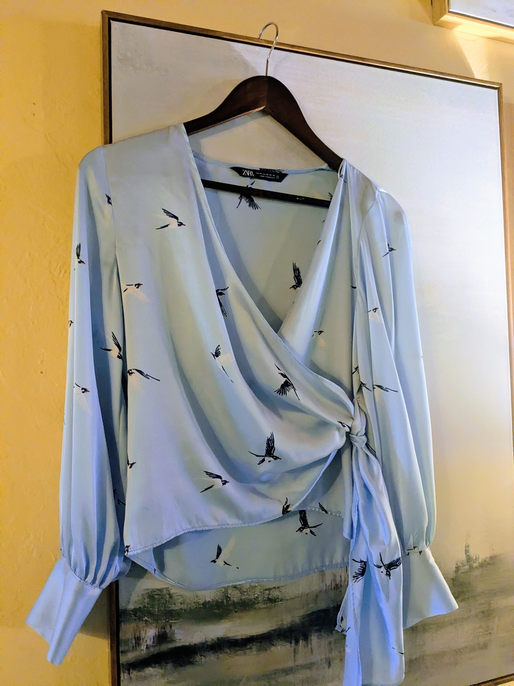 ZARA Satin Blue Bird Blouse